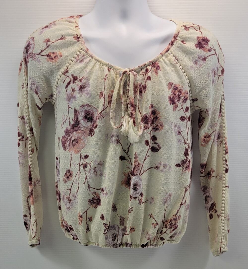 F8) American Rag Woman Floral Cream Elastic Waist Shirt Top Small